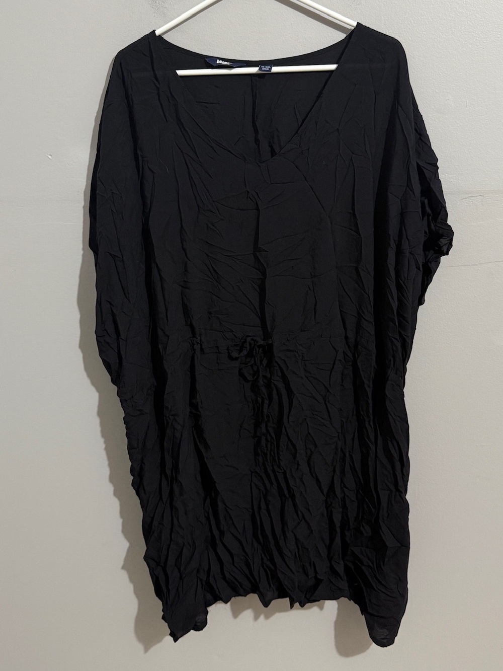 Lands End Swim Cover Up Womens XL Black Crinkle Kaftan Tunic Drawstring Beach